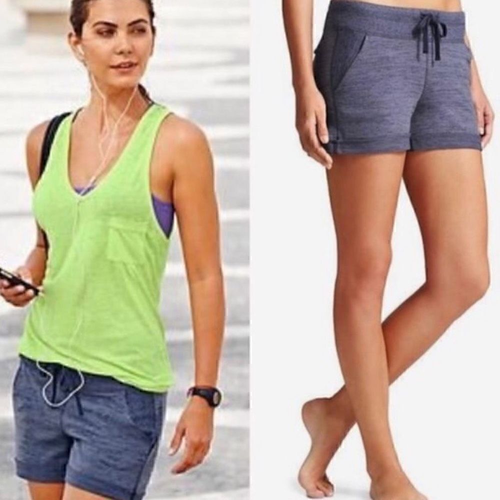 Athleta Downplay Shortie Shorts Heathered Blue, Drawstring Waist, Women’s XS